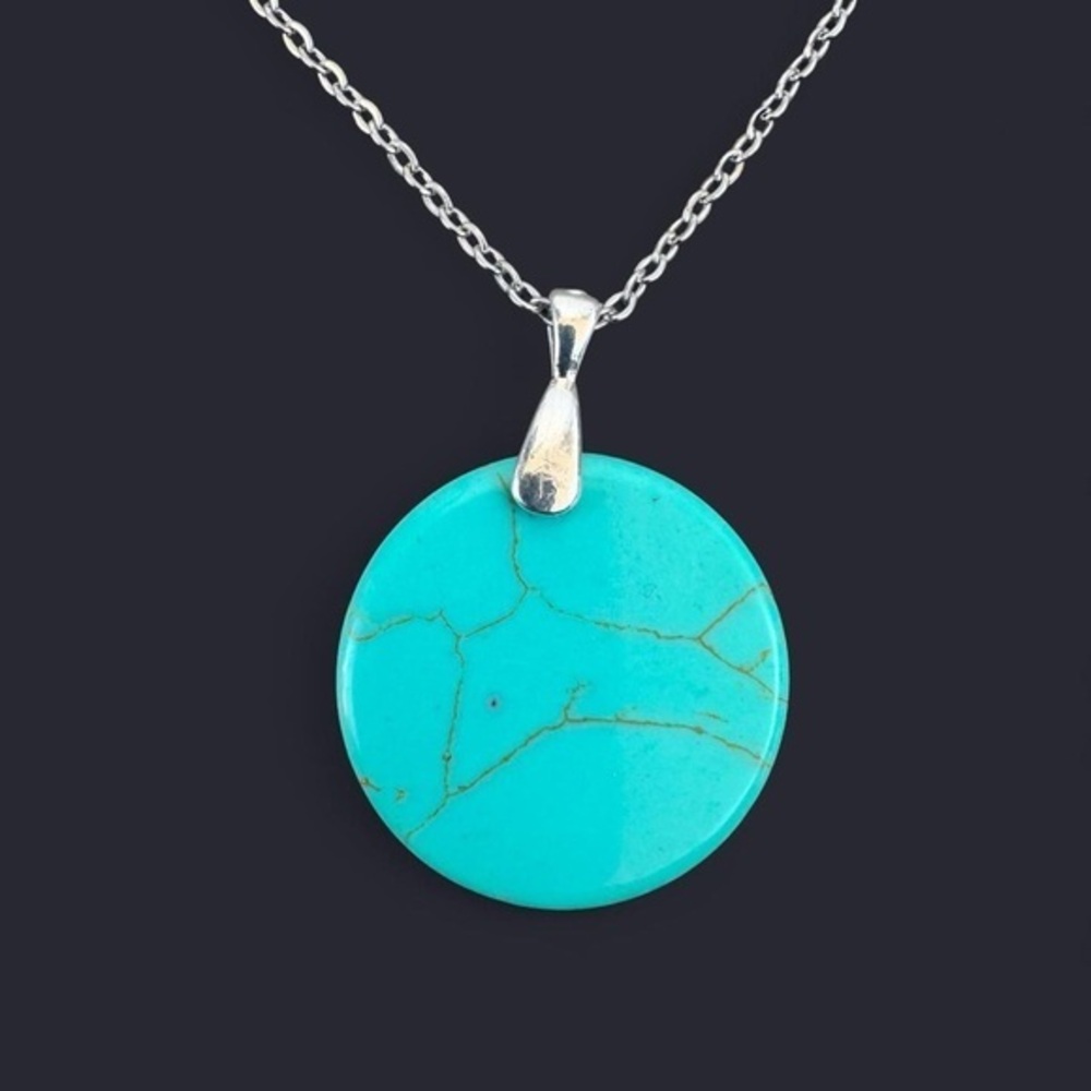 Blue Howlite Round Pendant Silver Necklace